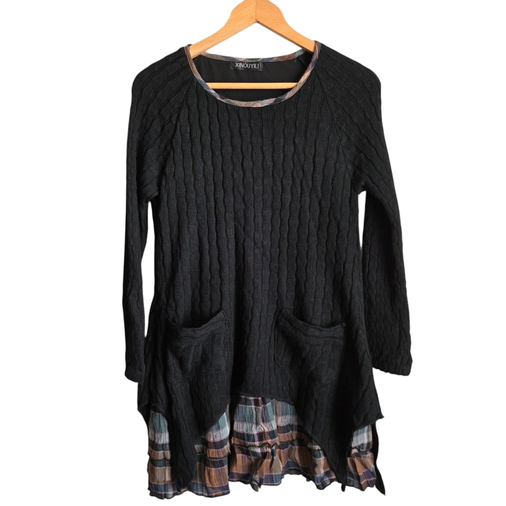XINOUYILI Black Cable Knit Plaid Lettuce Hem Sweater Dress With Pockets Size L?